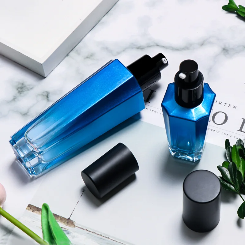 批发时尚简约化妆品瓶带盖蓝色渐变玻璃瓶套六件