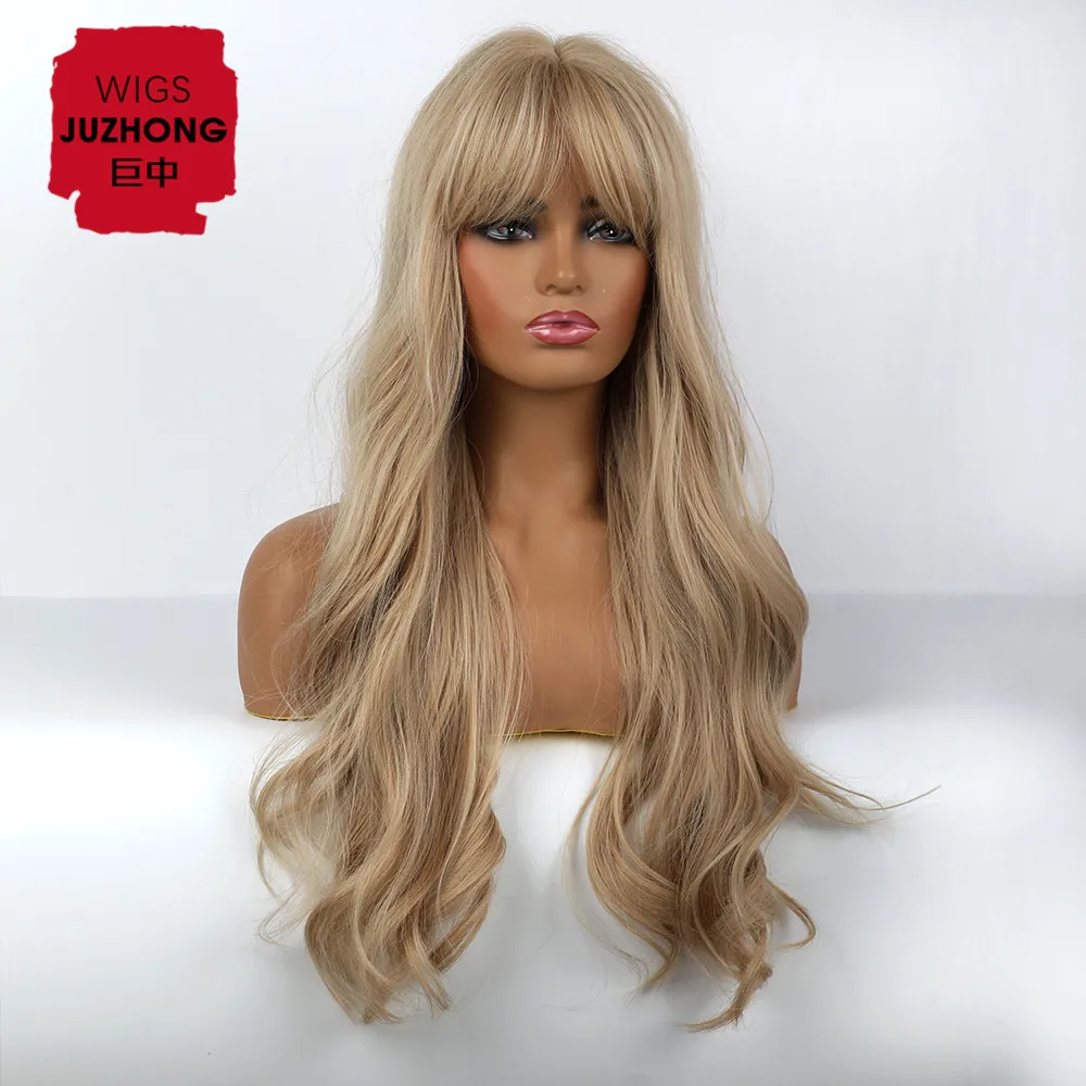 Lady Synthetic Wig Light Gold Mixed Color Air Stay Bangs Long Curly Hair Sexy Beautiful High Quality Wig Buy Cheap Long Synthetic Wig New Style Fashionable Attractive Women Synthetic Hair Wigs For