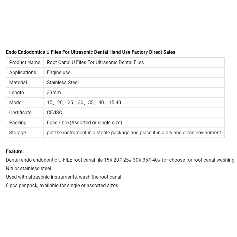 U Files For Ultrasonic teeth Files hand root canal file NITI stainless  steel manufacture