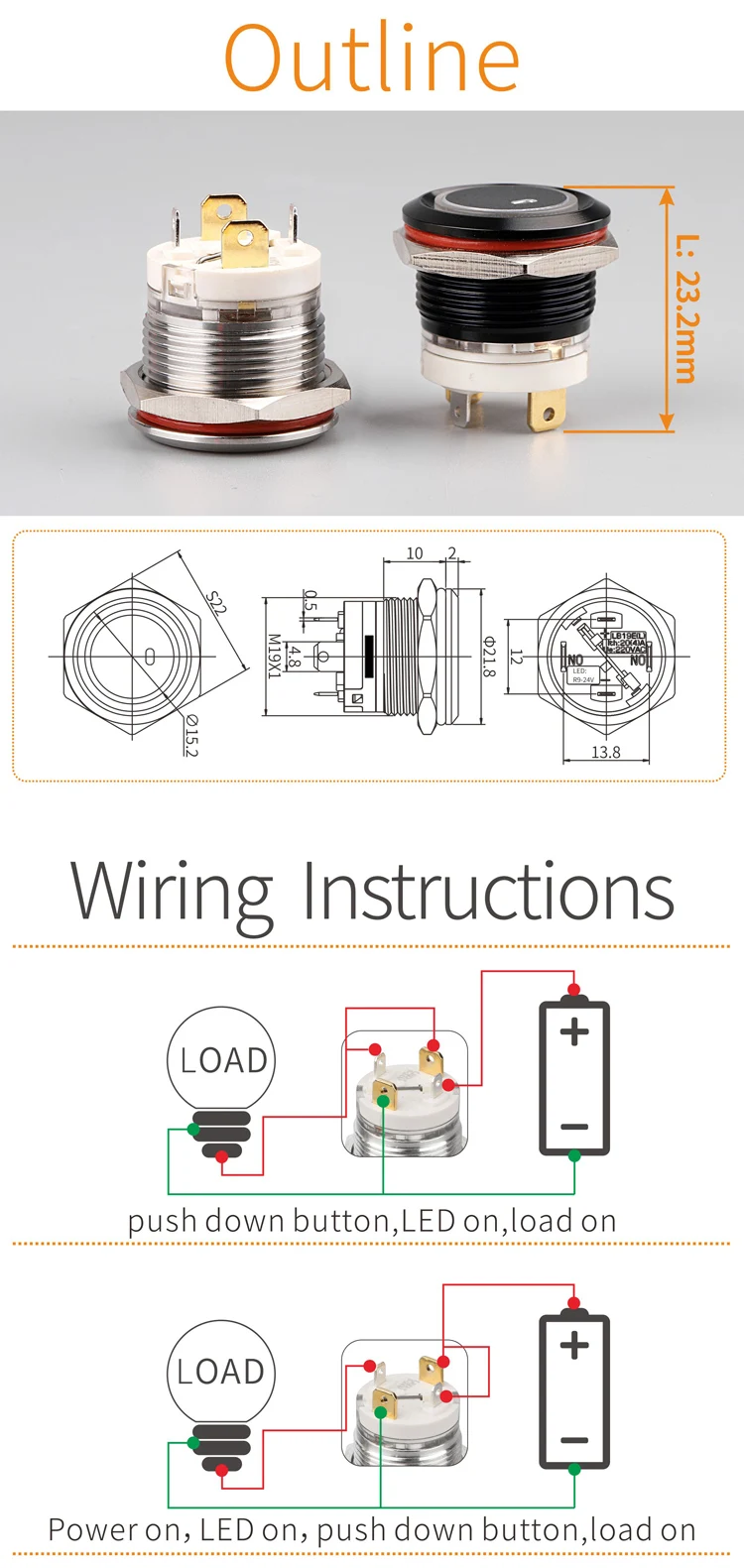 High qualified switch made 19mm 2NO momentary ring illuminated piezo switch