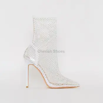 Fashion Ladies Perspex Clear White Diamante Fishnet Heels Mesh Ankle Boots For Women Stiletto 