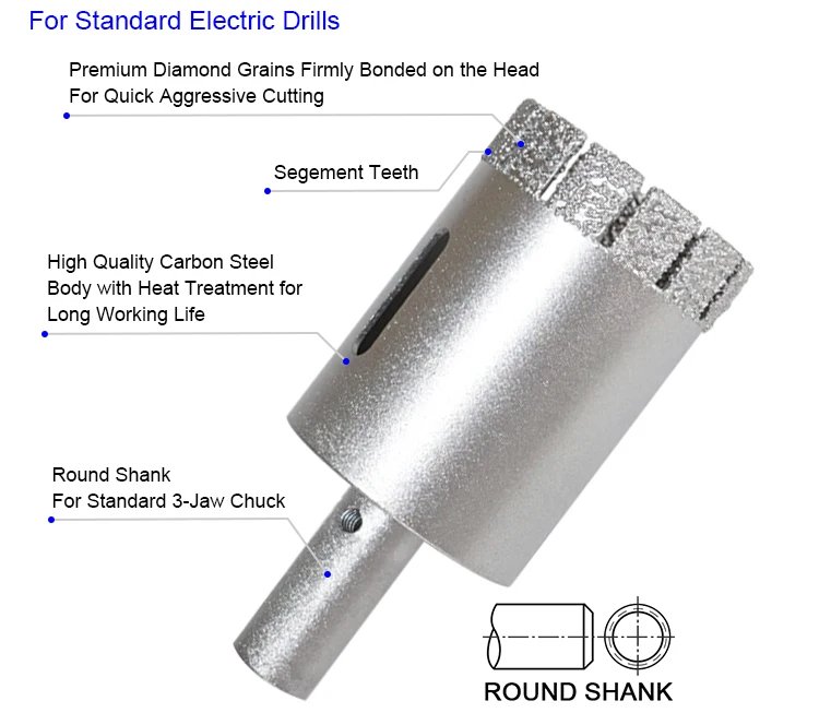 Round Shank Segment Rim Vacuum Brazed Diamond Core Drill Bit