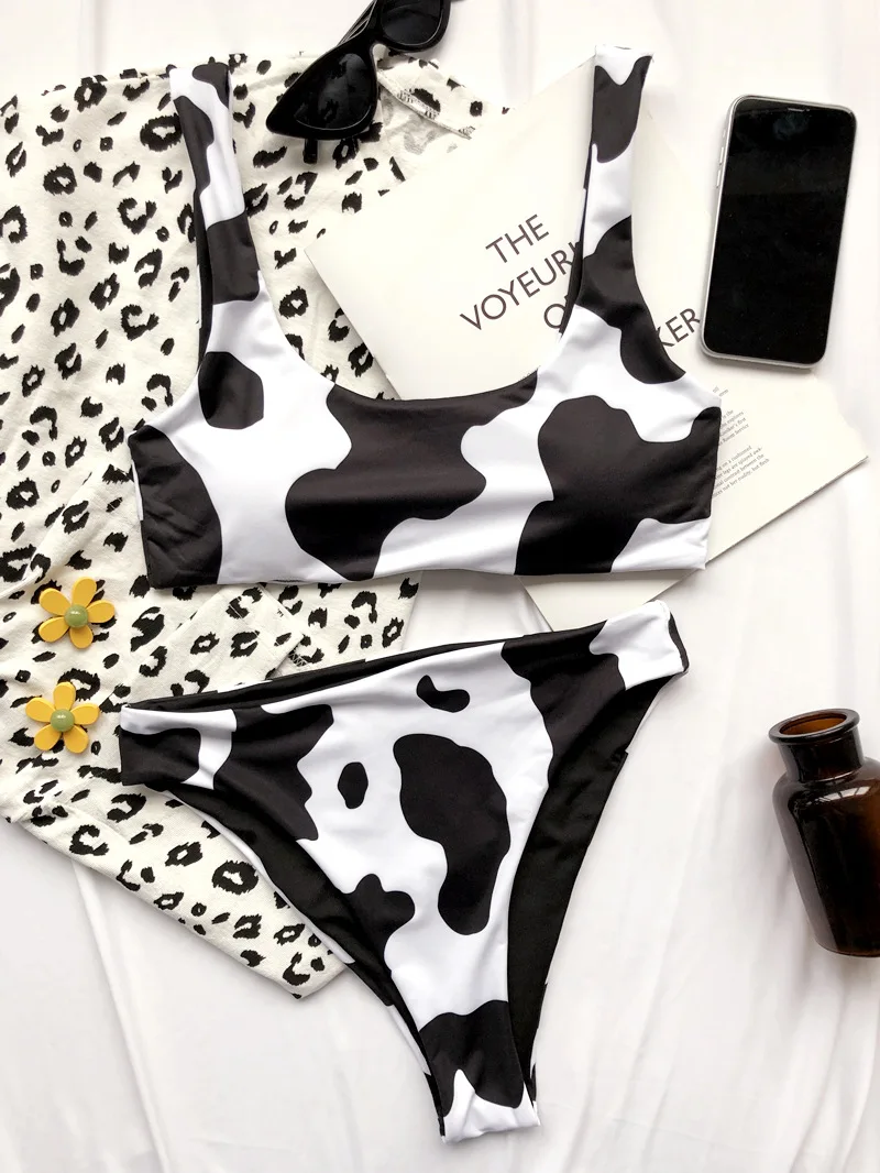 Newest Sexy  Split Swimsuit Cow Print Bikini  High Waist Beach Swimwear