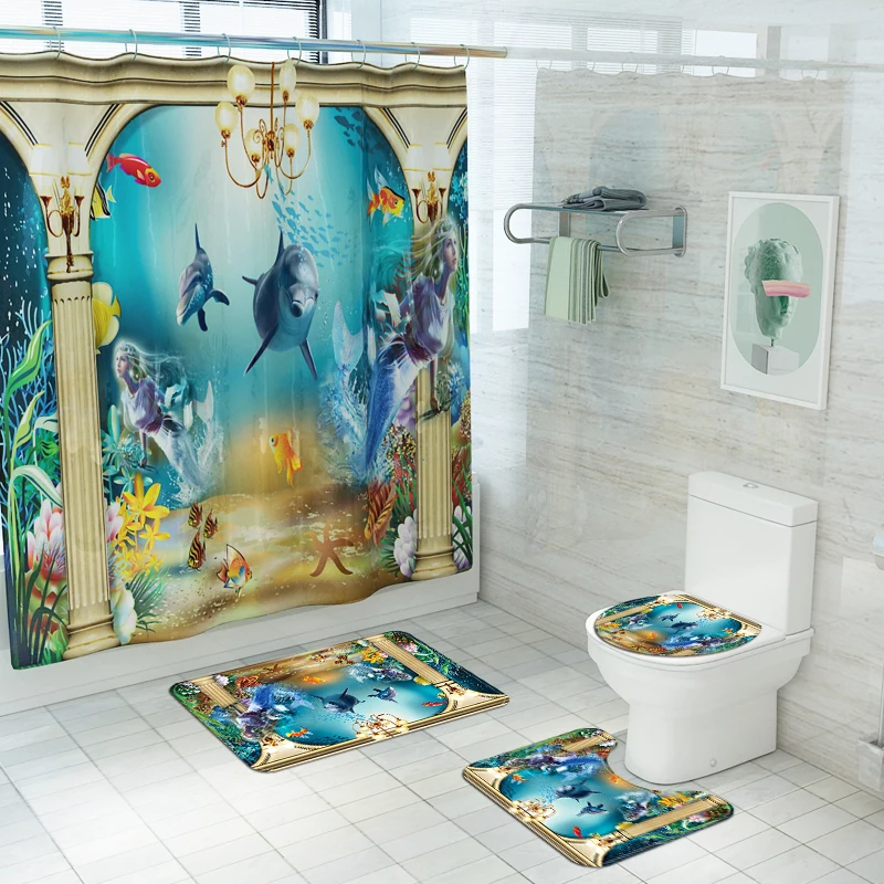 New Shower Curtain Lid Toilet Cover Bath Mat Rug with Hooks Bathroom Accessory Sets Home Decoration