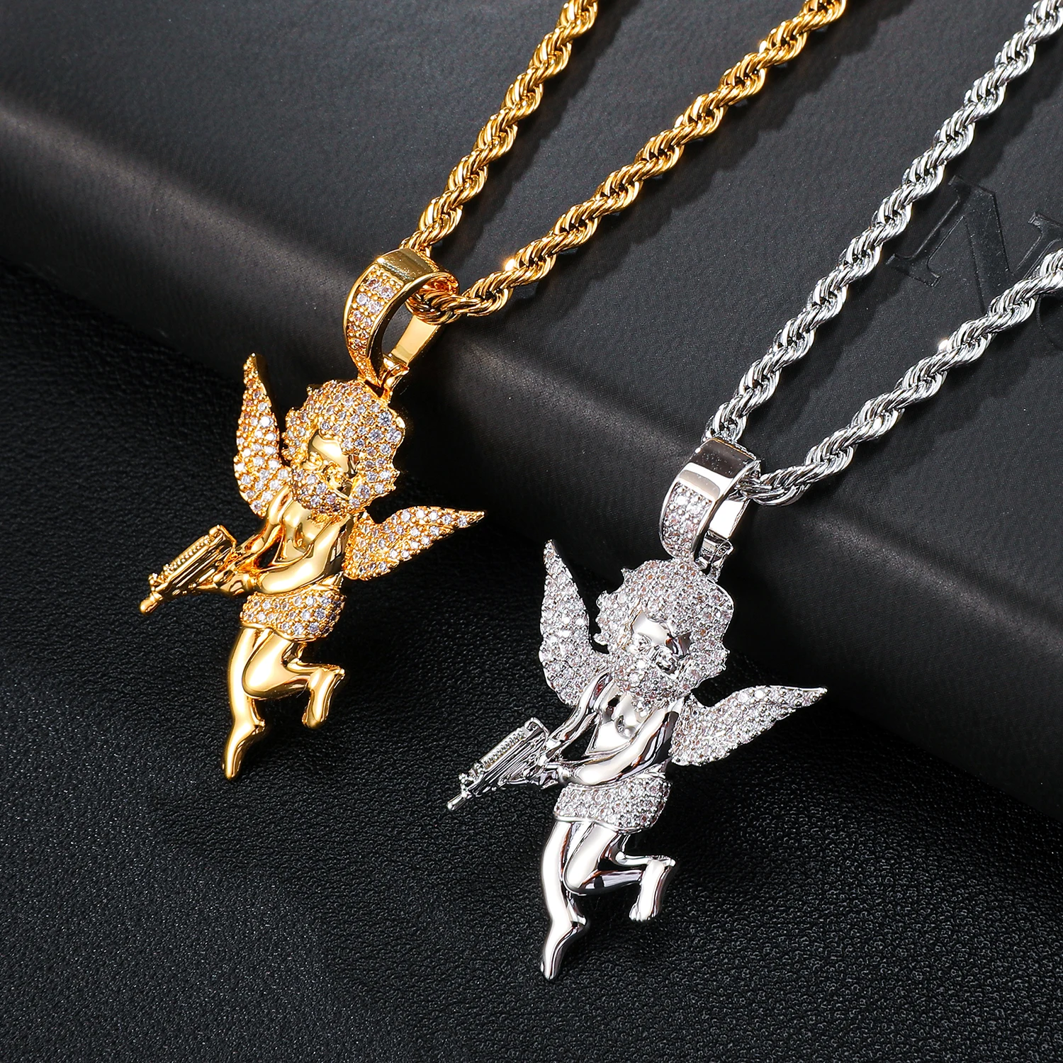 Moca Jewelry Iced Out Angel Wings Cross 18K Gold Plated Bling CZ Simulated Diamond Hip Hop Necklace for Men Women