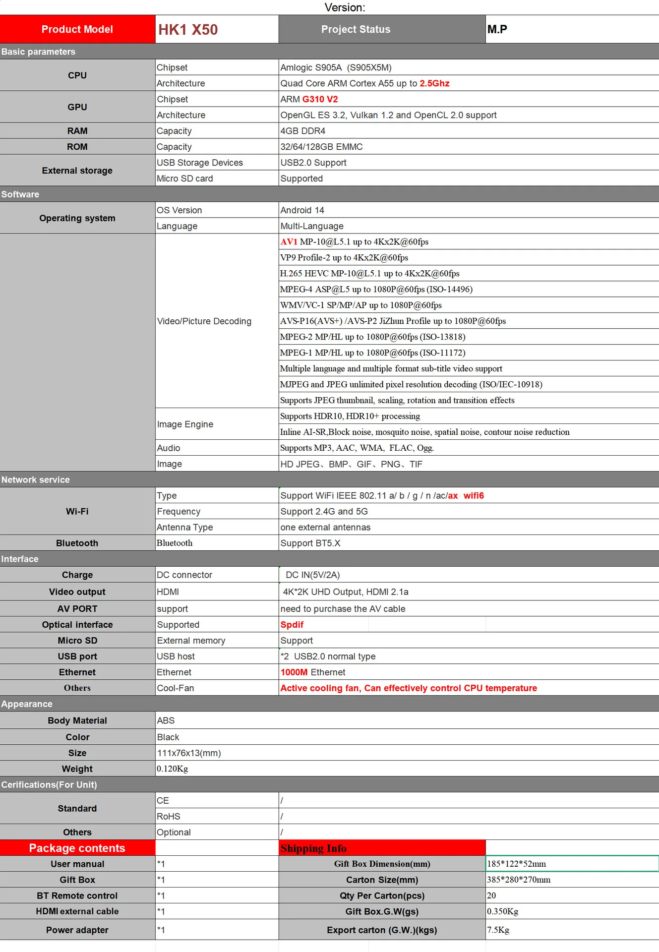 HK1 X50 Android 14 Gigabit WiFi6 4K HD TVBOX 64 Bit S905A/X5M 2GB RAM/16GB ROM Dual WiFi Network Set Top Box Quad Core Processor