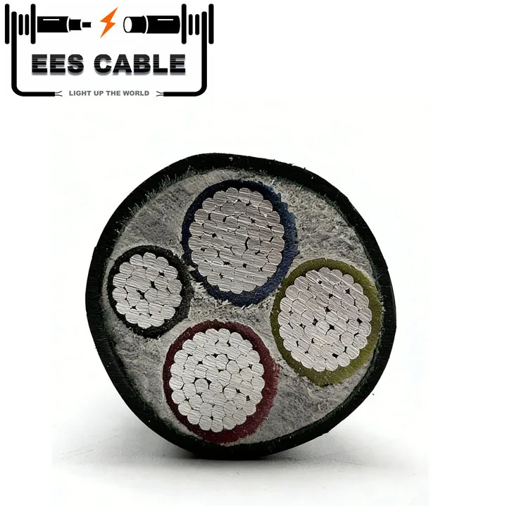 Close-up of 4 core 70mm² XLPE SWA cable showing conductor insulation, steel wire armour layer, and PVC outer sheath