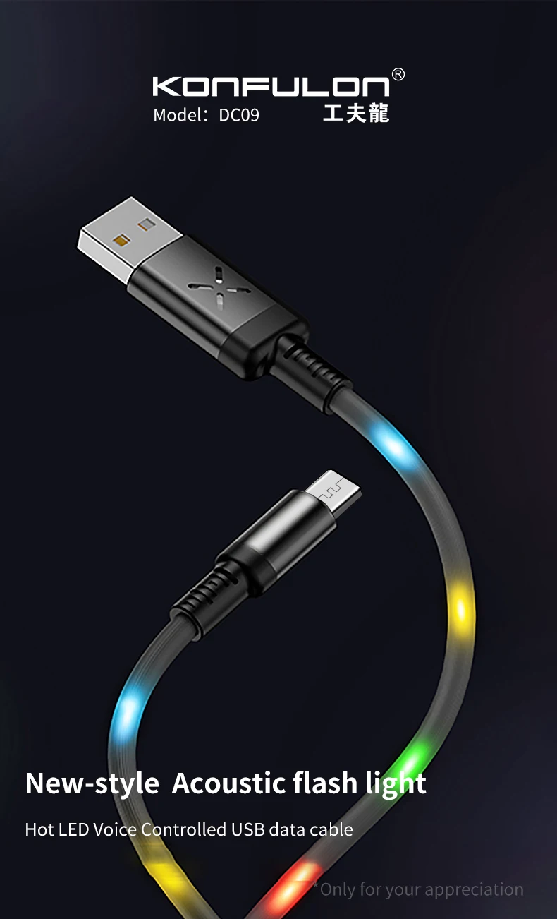 Konfulon Colorful Voice Control Flowing LED Light Micro USB Cable for Smartphones - ANKUX.COM
