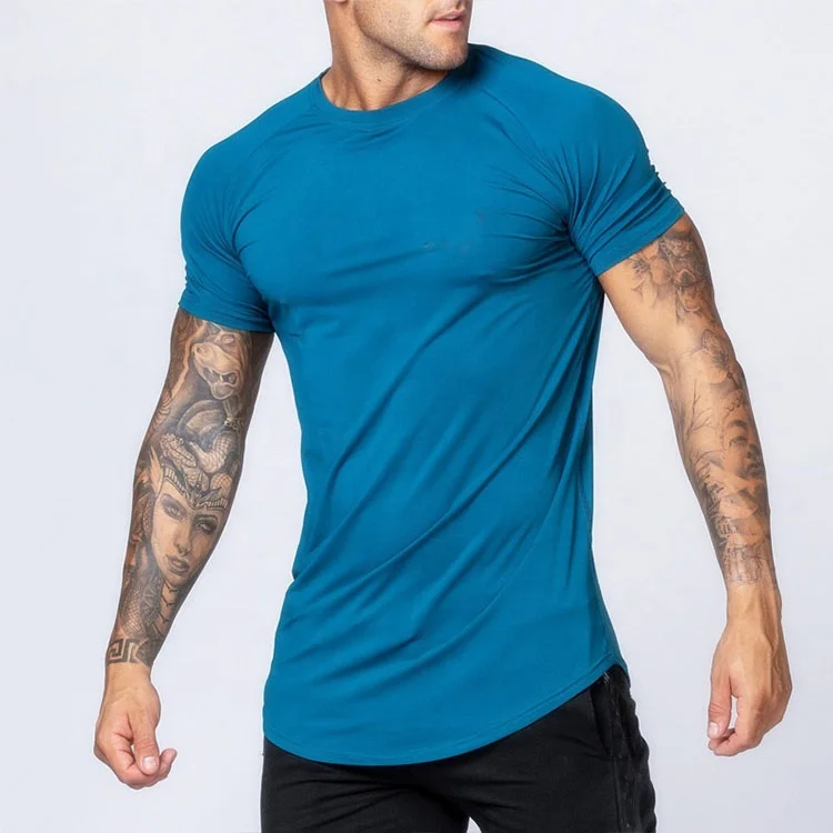 Muscle Fit Raglan Blank Tees With Curved Bottom Sportswear Mens Gym T ...
