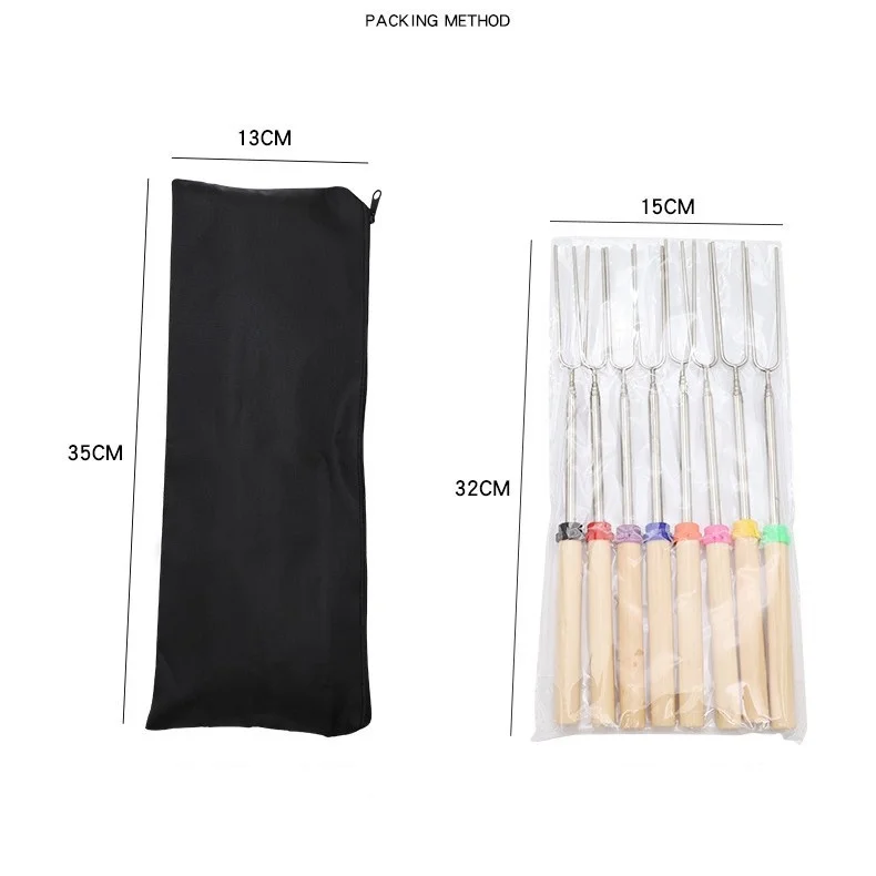 BBQ Festival Korean Outdoor Stainless Steel Polished Telescopic Barbecue Fork U-Shaped Wooden Handle Stick Skewers Portable supplier