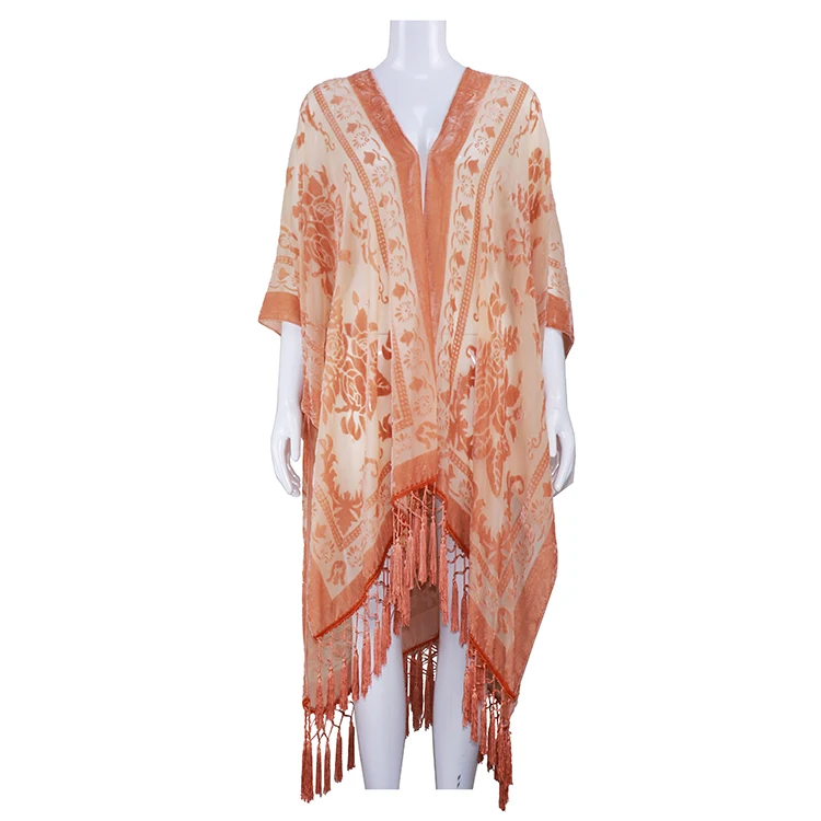 Female Silk Burnout Velvet Kimono With Tassel - Buy Velvet Kimonos ...