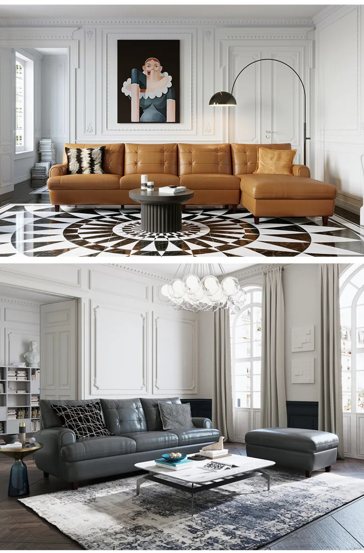 Modern light luxury large apartment living room combination high grade cowhide leather sofa