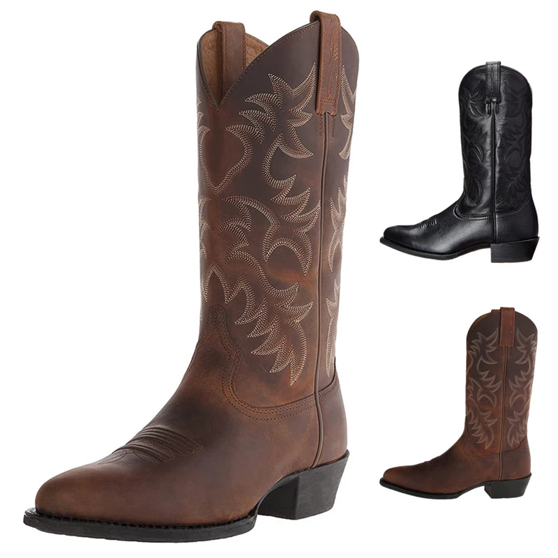 
Men Western Cowboy Boot Mid-Calf Low Heel Chelsea Embroidered Riding Boot Winter Shoe Large Size 