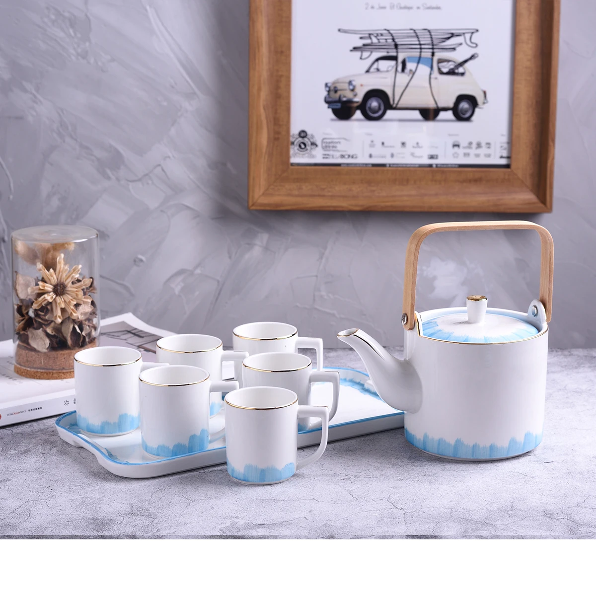 Classic Marble Tea Cup Sets 13 Pcs Ceramic Tea Sets With Gold Plated