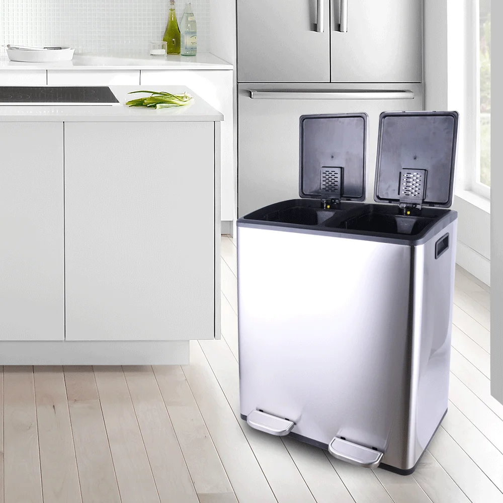 
industrial foot pedal recyclable 60L foldable trash bin Square Stainless Steel double compartment pedal cabinet waste bin trash 