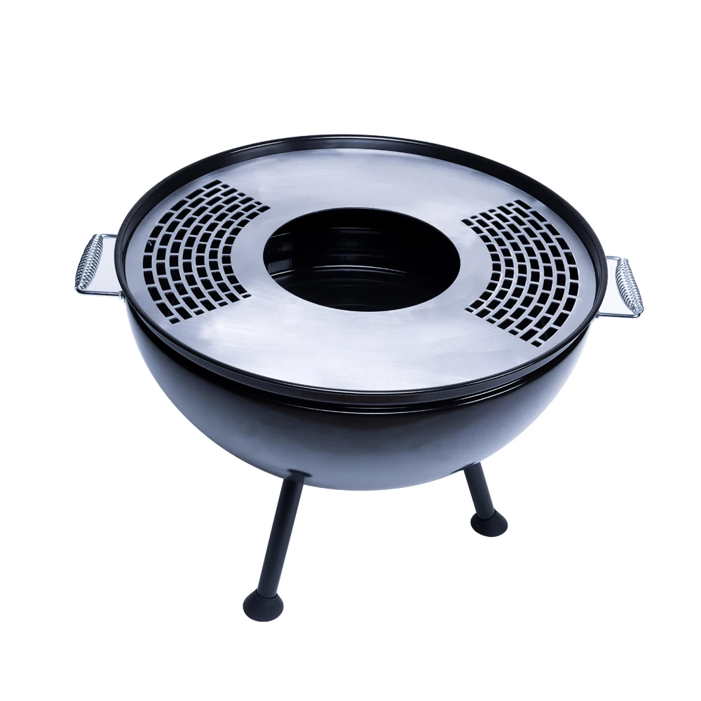 Outdoor Fire Pit Barbecue Black Round Stainless Steel Two Handle