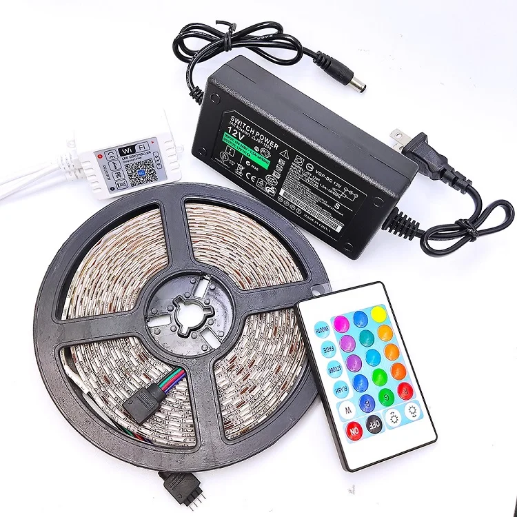 Super bright 32.8 ft 12v 10m 300 led strip smd 5050 waterproof flexible rgb strip with 44 keys remote and 4a power supply