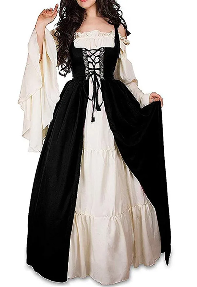 Clearance Medieval Dress,Forthery Renaissance Irish Dress for Women Plus Size Long Dresses Lace up Costumes Retro Gown