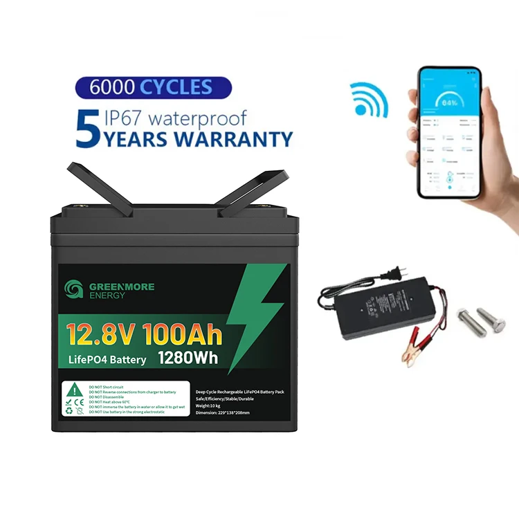 12V 100Ah LiFePO4 battery with visible BMS board and heating pad connections