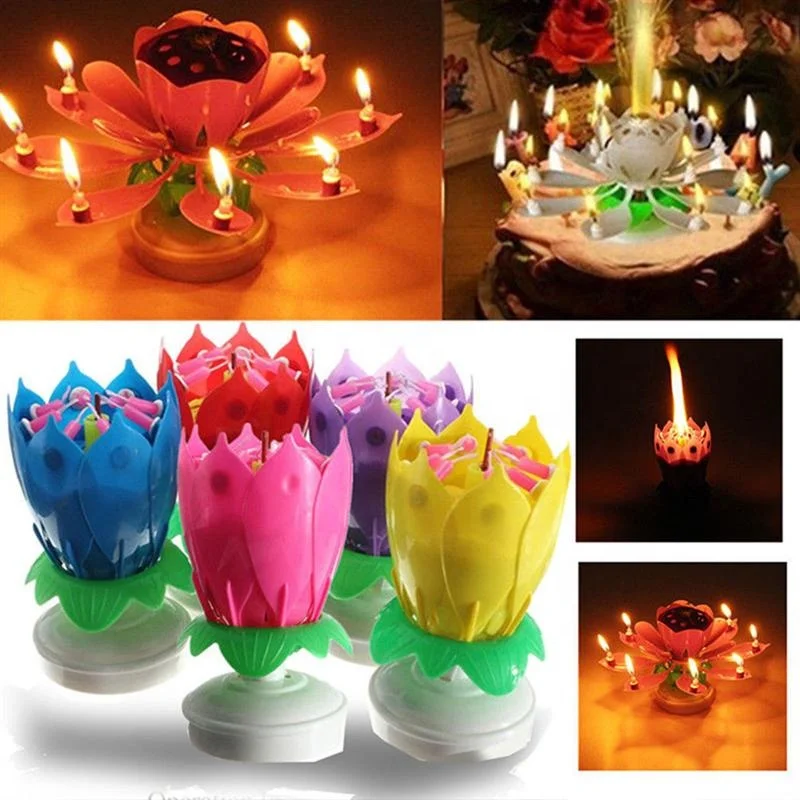 Funny Lotus Flower Musical Blossom Birthday Cake Candles Topper Party Decoration 