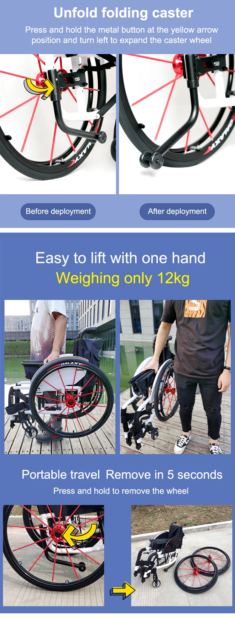 Sport Wheelchair Manual Wheelchair Folding Wheel Chair 24 Inch Aluminum Alloy Rehabilitation Therapy Supplies 4 Inch 12 KG