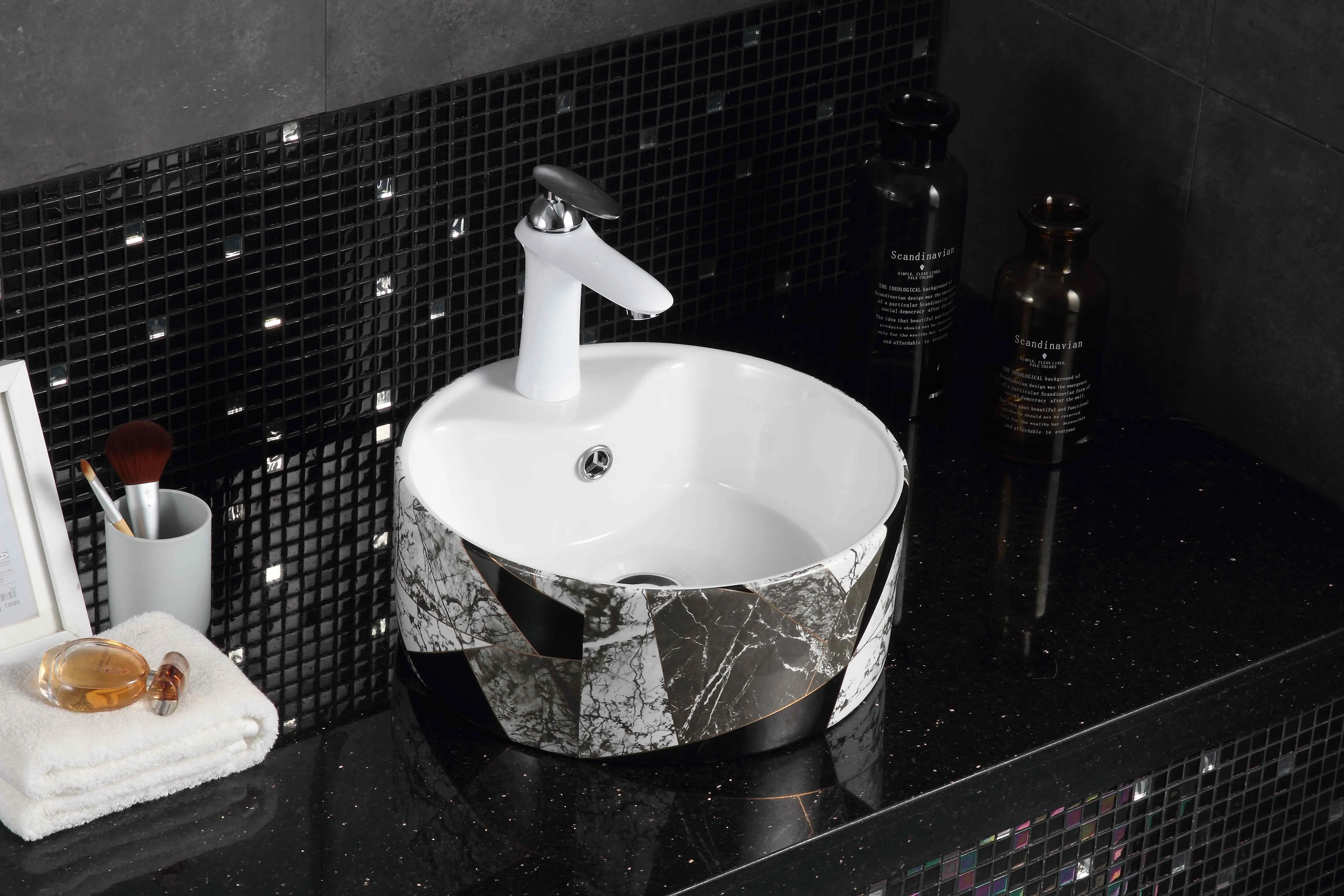 High quality wholesale modern fashion ceramic bathroom sink black water drop pattern  art basin