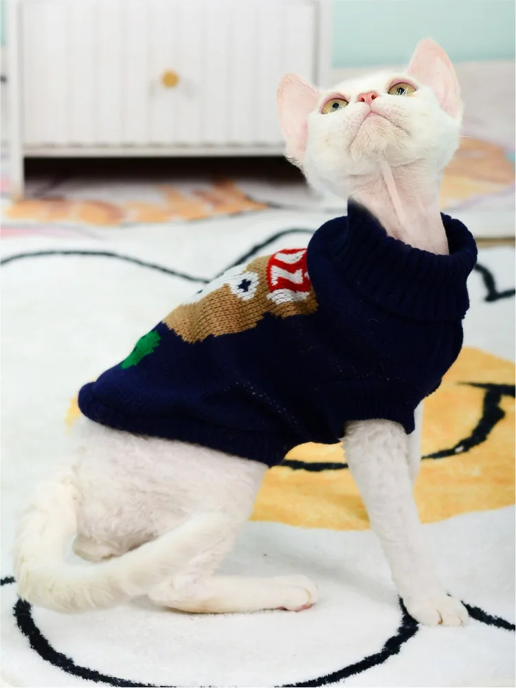 Luxury Cat Sweater Hairless Male Cat Winter Warm Costume Acrylic Christmas Print Cartoon Design Pet Apparel