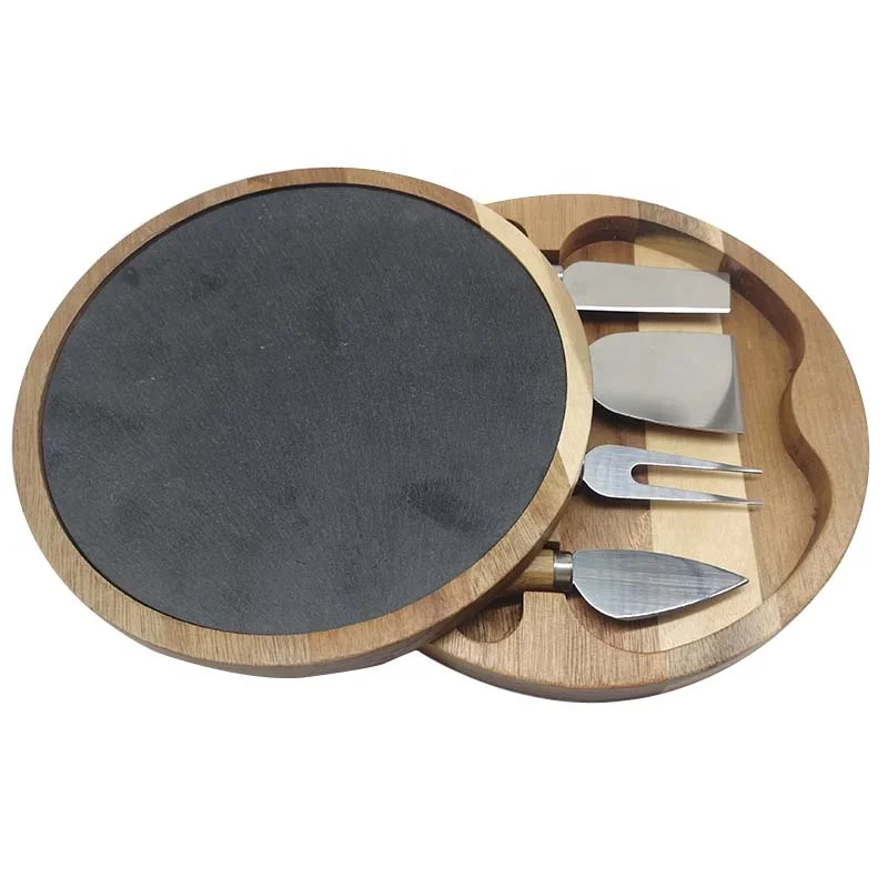 
Wholesale Acacia Wooden Natural Slate Blank Cheese Board And Knife Set 