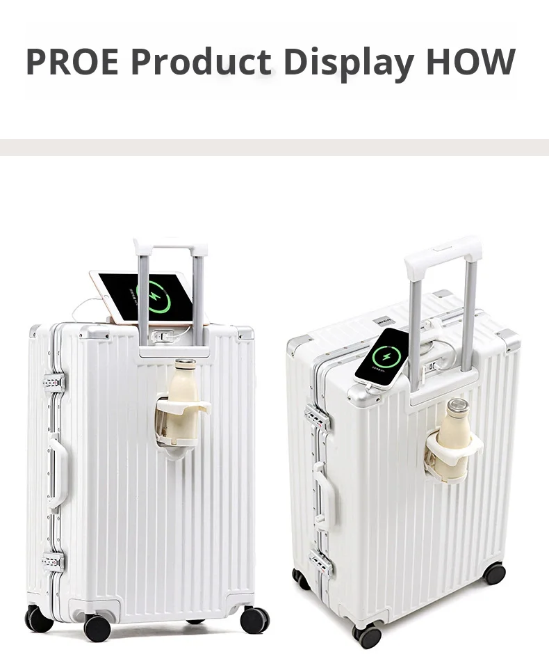 product 29 inch multifunctional pc trolley universal wheel spinner usb charging port aluminum frame new cup holder cartoon hard case-20