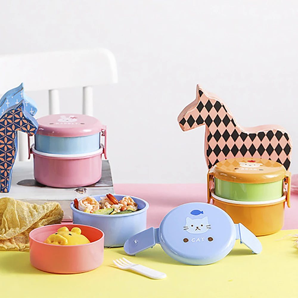 Cute Animal Pattern Plastic Lunch Food Box Children Baby Snack Box Double  Layers Lunchbox Portable Microwave Food Container