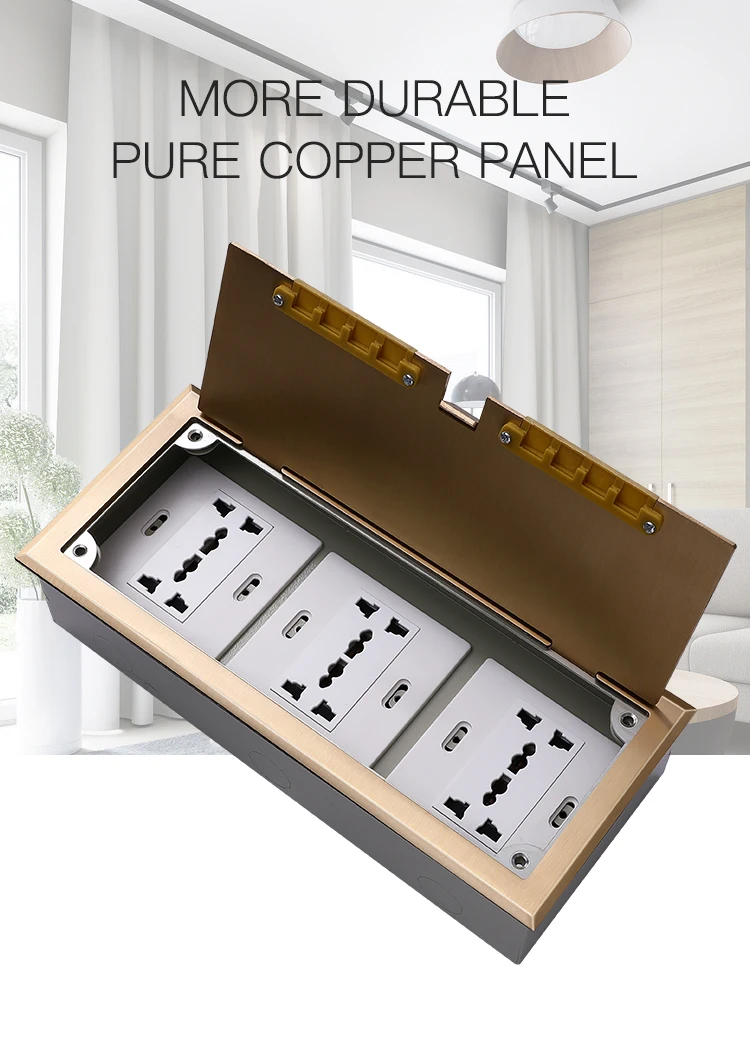 Three commercially customizable brass open floor socket boxes
