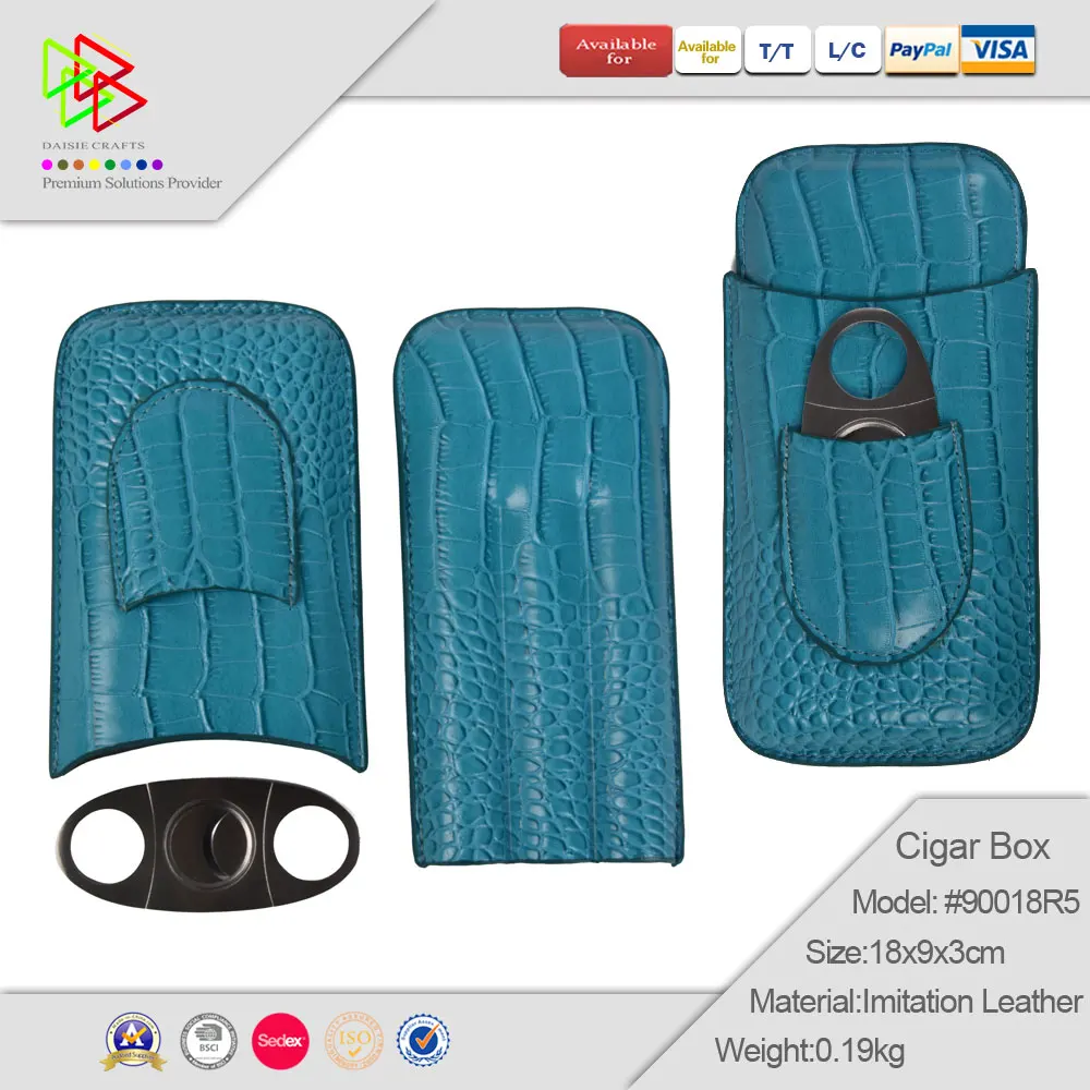 Wholesale Custom Blue 3 Slot Leather Cigar Box Cigar Case Humidor