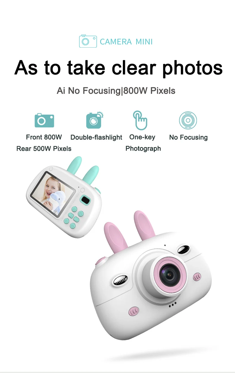 Cute A3 Kids Camera Toys 2.4 inches Digital Kids Camera Front Camera 800w Pixels Double-flashlight Support 32G