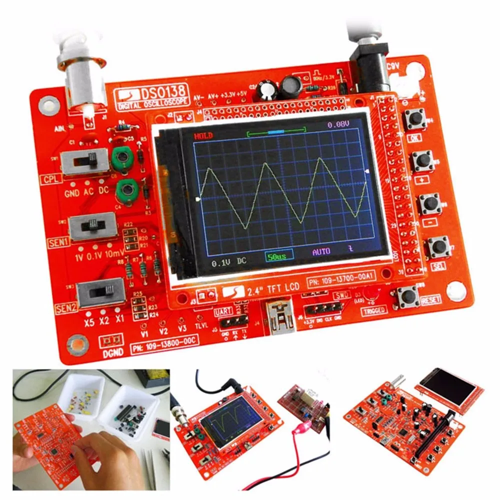 Soldered DSO138 2.4" TFT Handheld Pocket-size Digital Oscilloscope Kit SMD Soldered + Acrylic DIY Case Cover Shell for DSO138