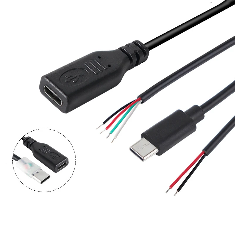USB-C male to 2-pin bare wire cable showing tinned copper ends and molded connector boot
