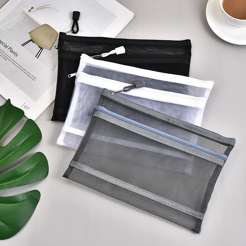Black Nylon Mesh Zipper Pouch With Zip Document Bag For School Office ...