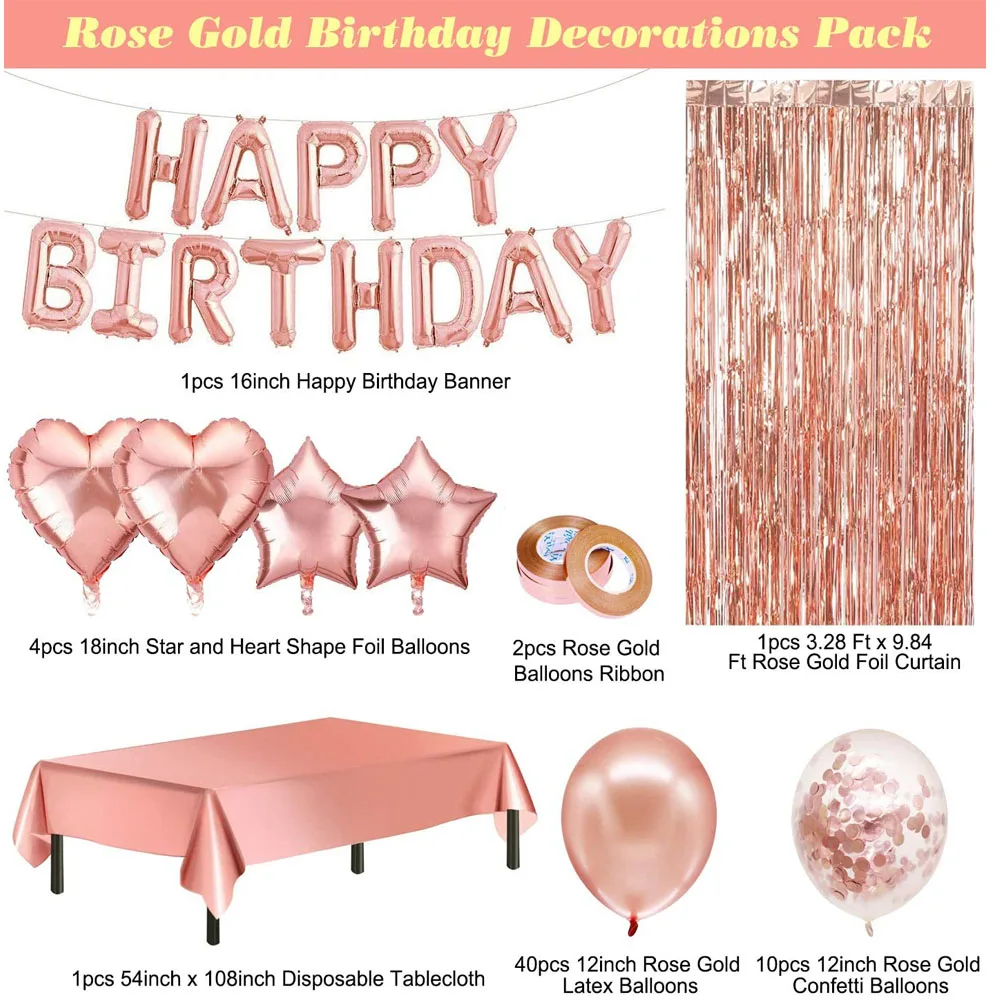 Rose Gold Birthday Decorations Happy Birthday Banner Confetti Balloons ...