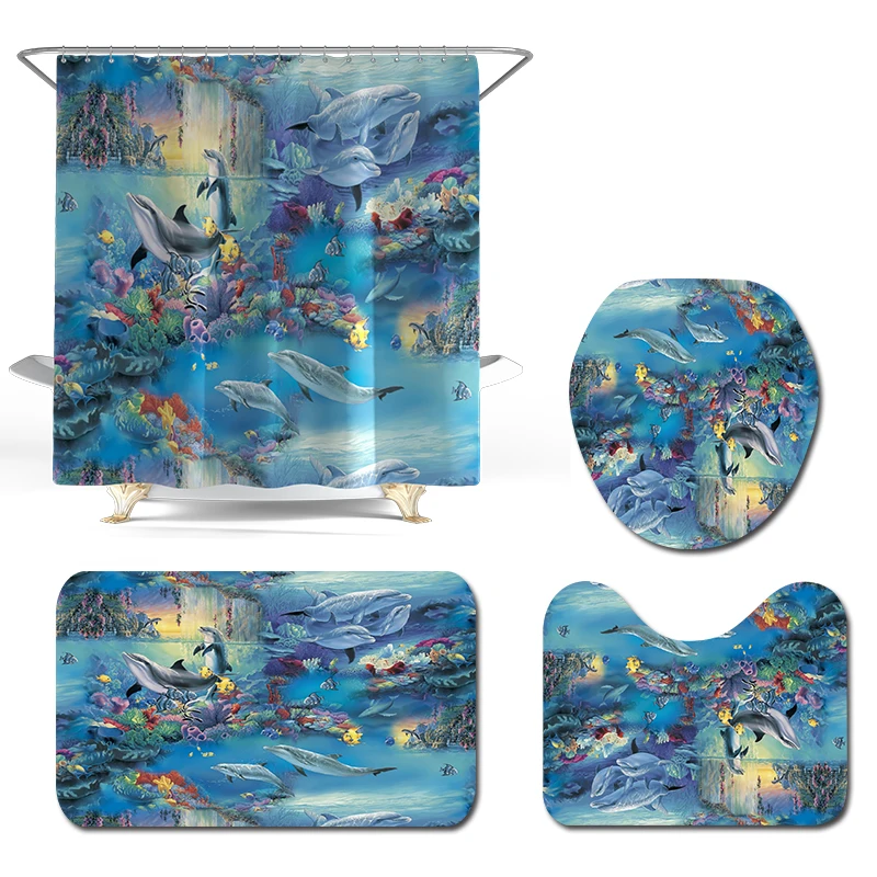 Amazon hot selling waterproof polyester fabric 4 piece bathroom rug mat and shower curtain sets