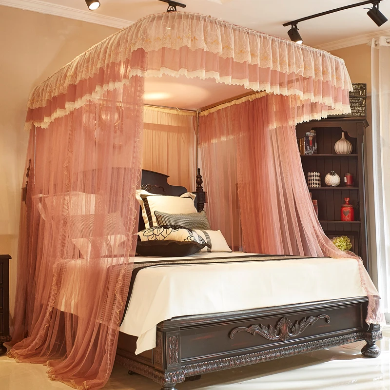 Fashable Double Bed Romantic Square Guide Rail Lace Embroidery Adult Baby Mosquito Net