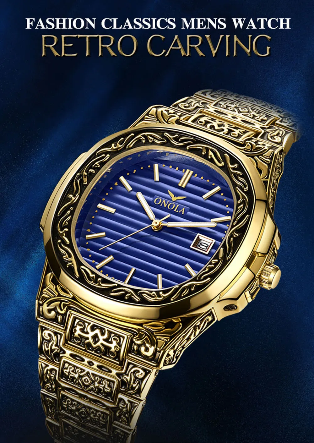 ONOLA 3808 inciso di lusso degli uomini della vigilanza del quarzo phantom intagliato di alta qualità water resist vintage calendario Casuale orologio da polso relojes