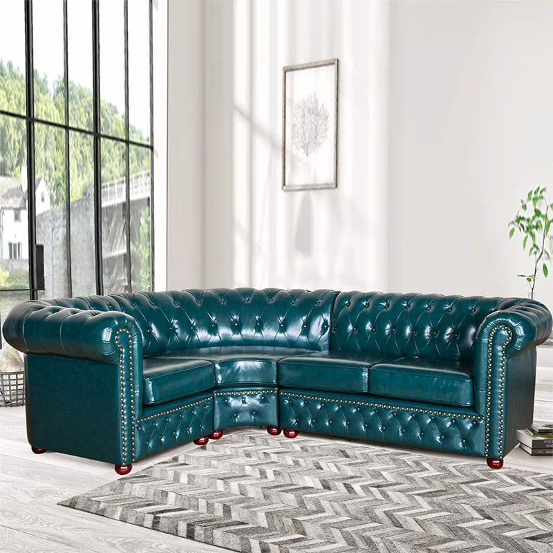 Featured image of post Teal Leather Chesterfield Sofa / Vintage chesterfield sofa in brown tufted leather, round wood bun feet and brass nailhead trim.