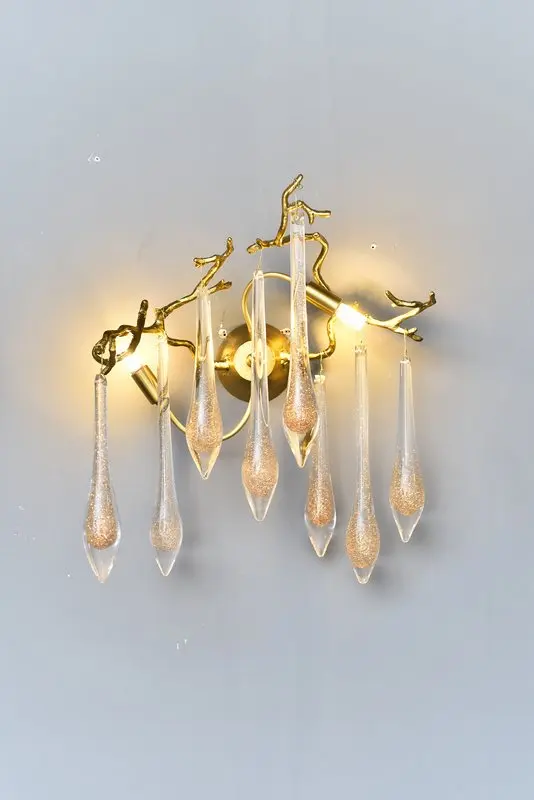 MEEROSEE Icicle-Trimmed Crystal Pendant Wall Light Gold Copper Wall Sconce Lamps Wedding Decoration Rattan Lighting MD87026