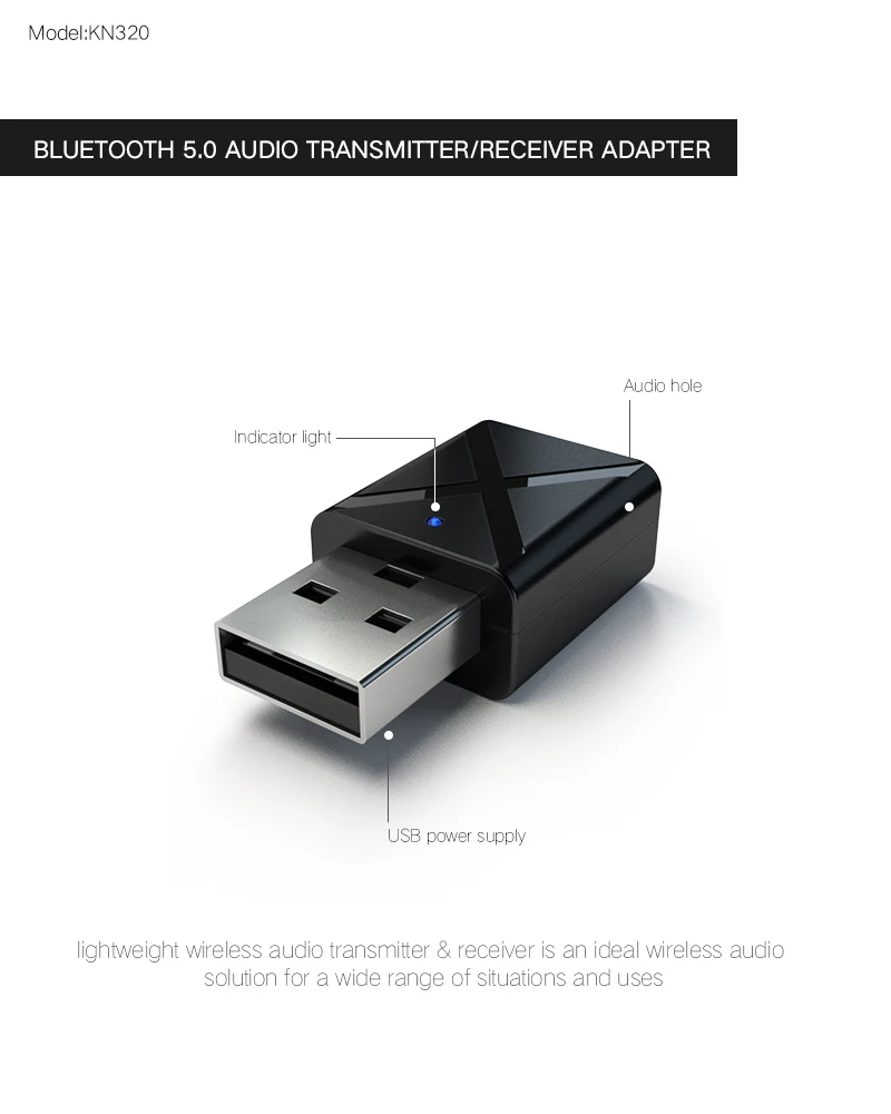 KN320 USB Bluetooth Transmitter Receiver, 2 in 1 USB Bluetooth 5.0 Transmitter Receiver AUX Audio Adapter for TV/PC/Car - ANKUX.COM