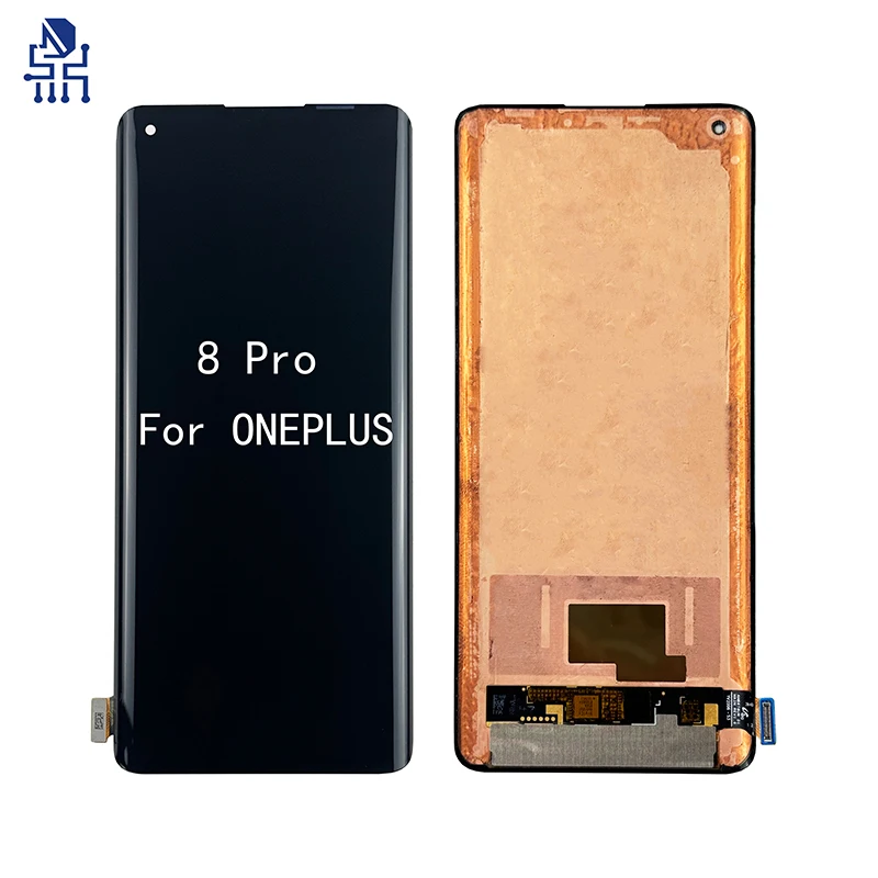 Close-up of a black OnePlus 8 Pro LCD + digitizer assembly with metal frame