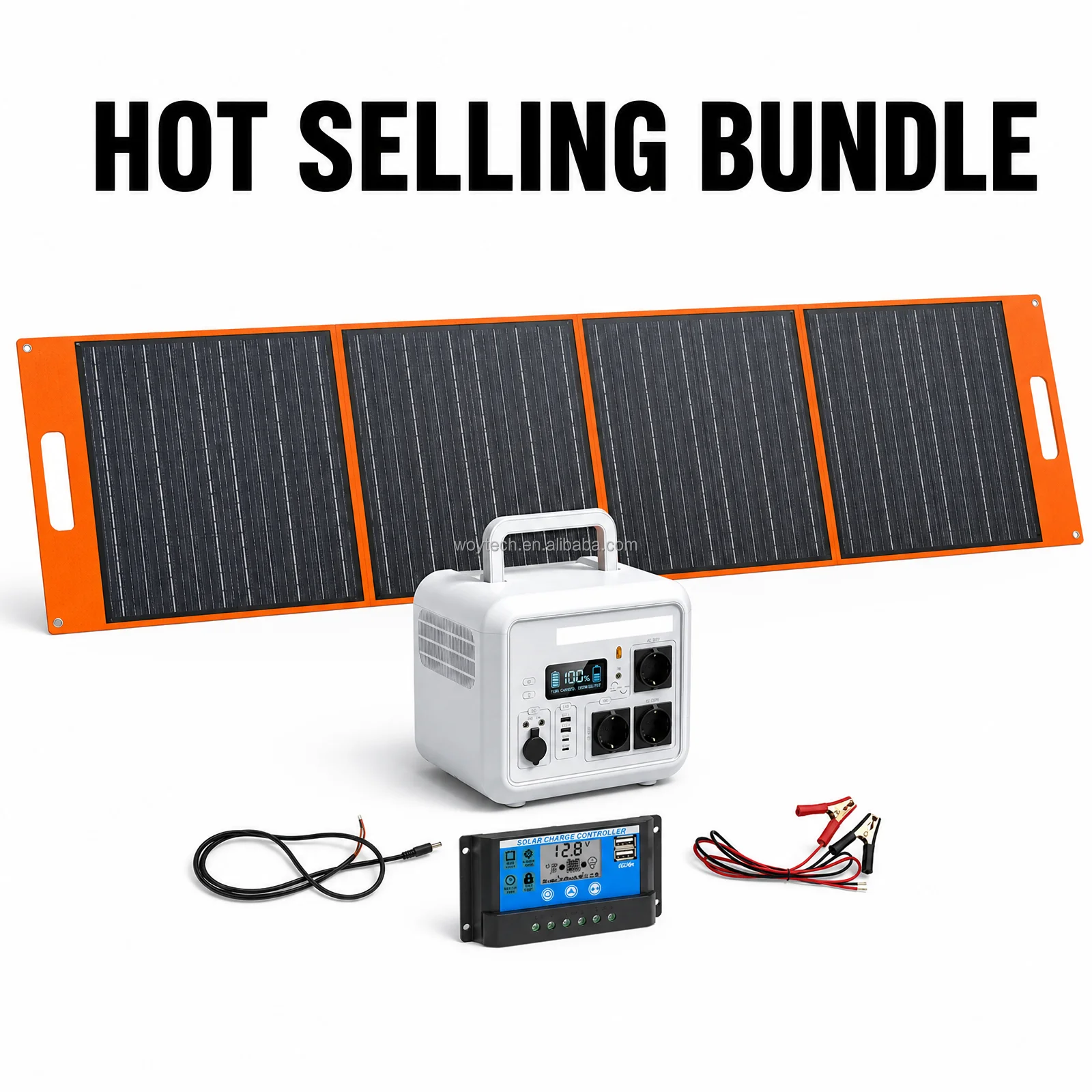 Modular 1500W solar kit with panels, charge controller, and battery bank