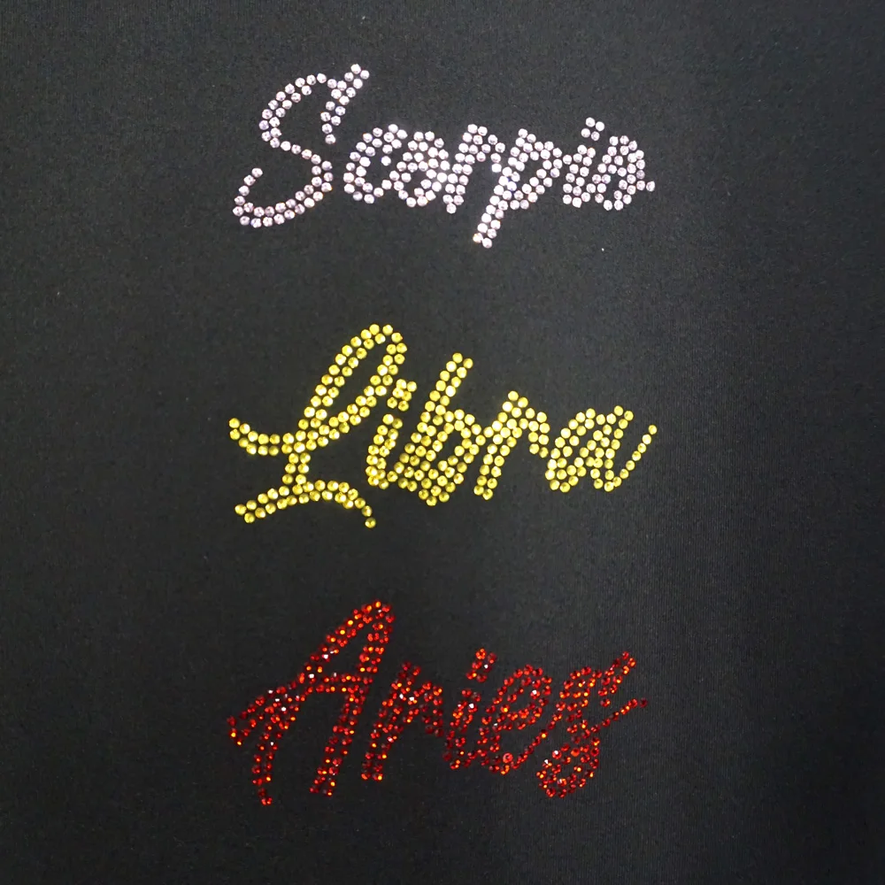 Free sample ZODIAC shirt crystal rhinestone ironing sticker heat transfer for decoration