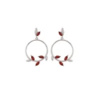 Women'S Bohemian Boho Red Crystal Cubic Zirconia Leaf Geometric Round Hoop Earrings In Silver
