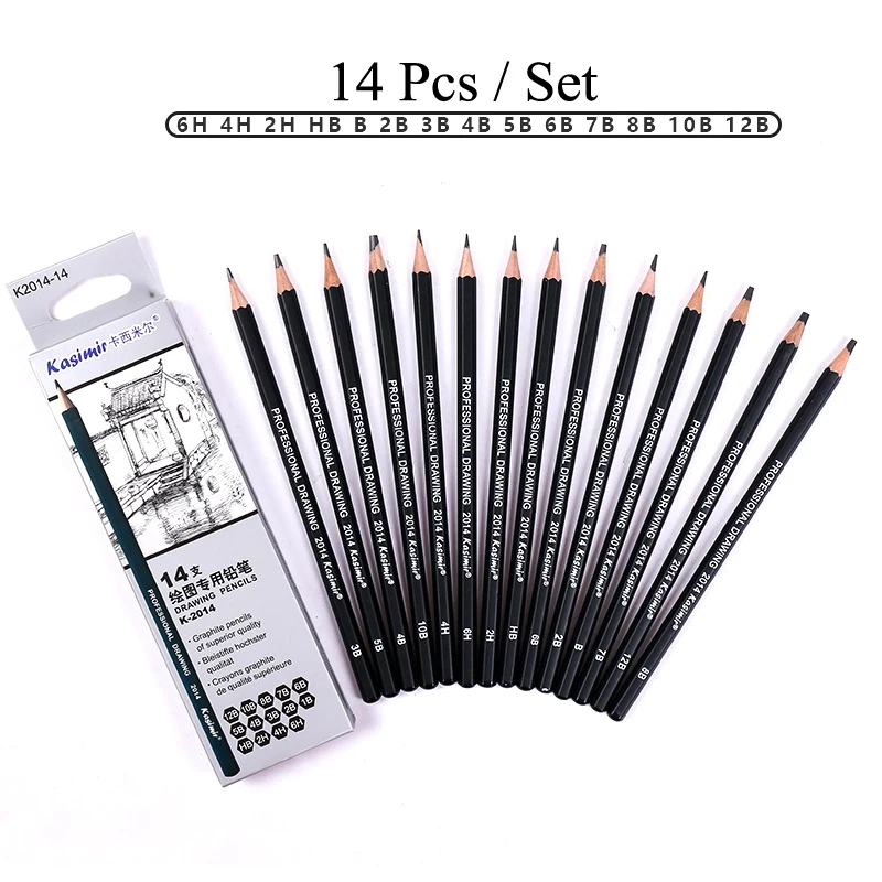 
kasimir 14pcs/set 12B 10B 8B 7B 6B 5B 4B 3B 2B B HB 2H 4H 6H Professional Graphite Sketching charcoal Pencils Set for Drawing 