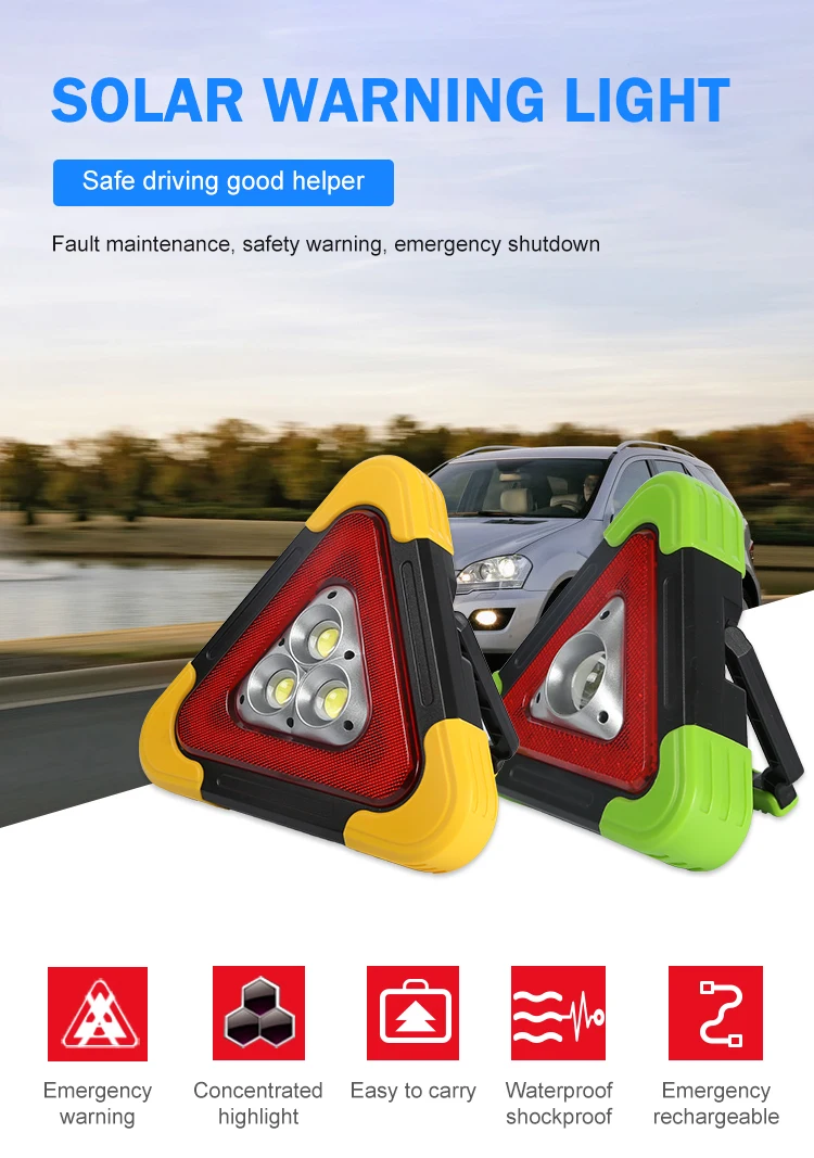 Warning triangle outdoor emergency portable rechargeable 10w 30w solar led warning light