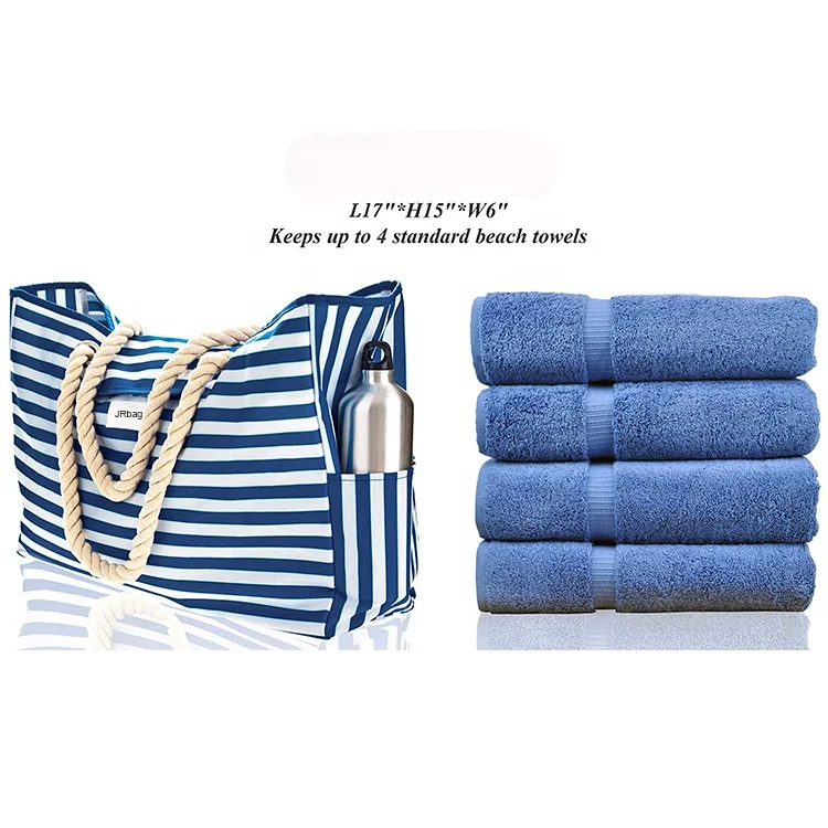 Blue Stripes 100% Waterproof Canvas Big Capacity Travel Beach Tote Luggage Bag with Cotton Rope Handles and Two Outside Pockets